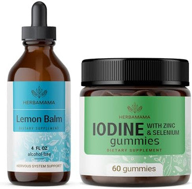 Herbamama Lemon Balm And Iodine Kit - Bundle Of Lemon Balm Tincture 4 Fl Oz & Potassium Iodine Gummies - Vegan Non-Gmo Alcohol & Gelatin- - 2 Pack