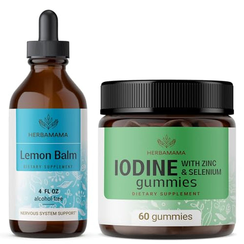 HERBAMAMA Lemon Balm and Iodine Kit Bundle of Lemon Balm Tincture and Potassium Iodine Gummies Vegan NonGMO Alcohol and GelatinFree 2 Pack 4 fl oz