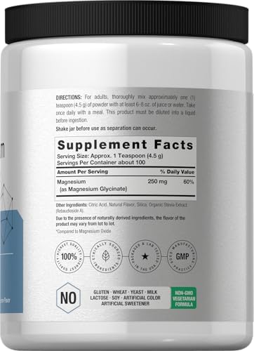 Horbaach Magnesium Glycinate Powder 1 lb Lemon Flavored Superior Absorption NonGMO and Gluten Free