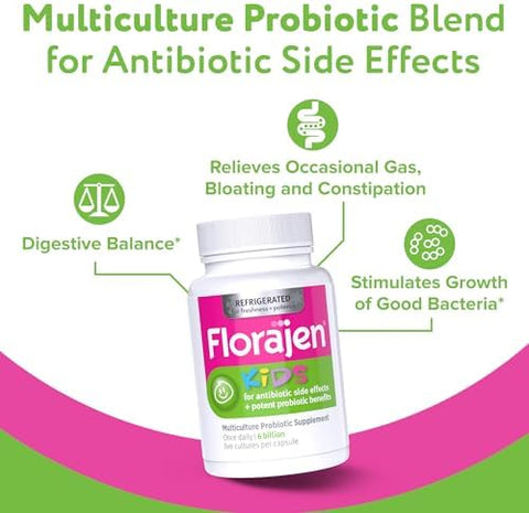 Florajen Kids Probiotic 6 Billion Cfus Refrigerated Probiotics For Kids Multi Culture Probiotic Supplement Relieves Occasional Gas Bloating & Constipation Supports Gut Health 30 Ct (3 Pack)