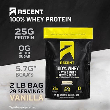 Ascent 100% Whey Protein Powder, Vanilla Bean 2 Lb & Creatine Monohydrate Powder, Unflavored 45 Servings