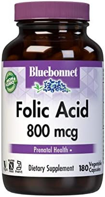 Bluebonnet Nutrition Folic Acid 800Mcg Healthy Neurological Development Soy Dairy & Gluten Nongmo Kosher Vegan Vegetable Capsules 180 Count