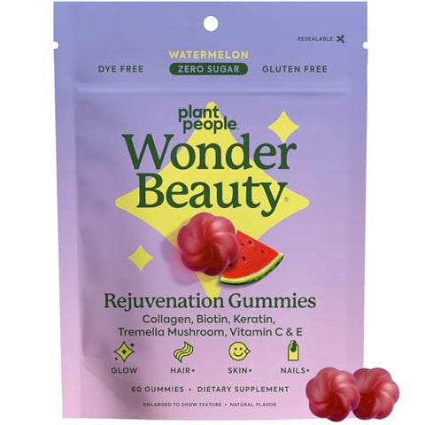 Plant People WonderBeauty Hair Skin and Nails Rejuvenation Gummies with Tremella Mushroom Marine Collagen Peptides Keratin and Biotin Watermelon Flavor 60 Gummies