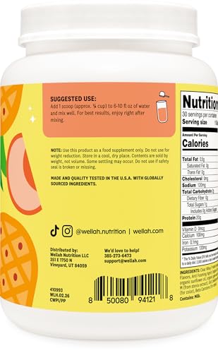Wellah Clear Whey Protein Isolate Powder (Peach Pineapple) 30 Servings - 20G Of Protein 100 Calories Sweetened With Stevia