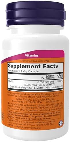 Now Foods Supplements Methyl Folate 5000 Mcg Superior Bioavailability 50 Veg Capsules