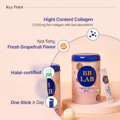 Bb Lab Collagen Powder S Plus Halal Low Molecular Korean Collagen Powder Stick Supplement Marine Fish Collagen Peptides Vitamin C Glycine Fast Absorption Grapefruit Flavor