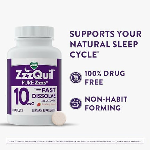 Zzzquil Pure Zzzs Fast Dissolve Melatonin Melatonin 10Mg Sleep Aid Supplement Sleep Aids For Adults Strawberry Flavored 90 Fast Dissolve Melatonin Tablets