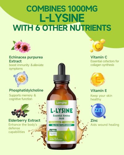 Lamginy L-Lysine 1000Mg Supplement Liposomal Lysine Liquid Drops For Adults Essential Amino Acid - Immune Support Skin & Lip Health Collagen Synthesis Vegan Non-Gmo & Gluten-Free 4 Fl Oz