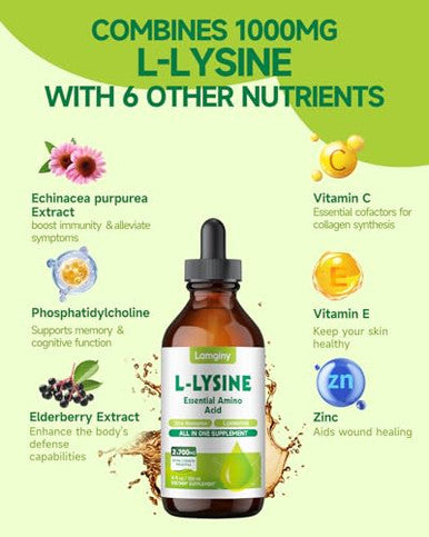 Lamginy L-Lysine 1000Mg Supplement Liposomal Lysine Liquid Drops For Adults Essential Amino Acid - Immune Support Skin & Lip Health Collagen Synthesis Vegan Non-Gmo & Gluten-Free 4 Fl Oz