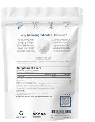 Micro Ingredients Pure L-Theanine Powder 100 Grams (1 Year Supply) Filler Free No Gmos And Vegan Friendly