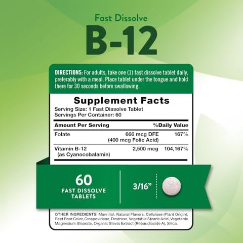 Nature's Truth B12 Vitamin 60 Fast Dissolve Tablets 2500 mcg with Folic Acid Vegan NonGMO and Gluten Free with Folic Acid Vegan NonGMO and Gluten Free