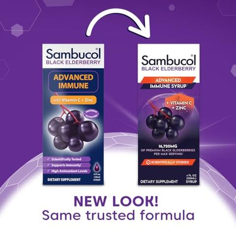 Sambucol Advanced Black Elderberry Syrup - Elderberry With Zinc And Vitamin C For Adults Sambucus Elderberry Syrup Elderberry Liquid - 4 Fl Oz