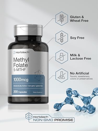 Horbaach Methyl Folate Supplement 1000 mcg 200 Capsules 5MTHF Folic Acid NonGMO Gluten Free Methylfolate