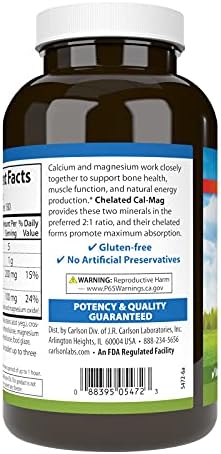 Carlson Chelated CalMag 2: 1 Calcium to Magnesium Ratio Bone Support Muscle Function and Energy Production 180 Tablets