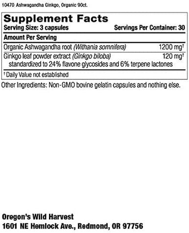 Oregons Wild Harvest Ashwagandha Ginkgo Organic NonGMO Herbal Supplements 90Count