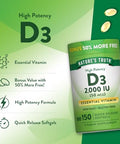 Nature's Truth Vitamin D3 2000 IU Softgels for Adults 150 Count High Potency NonGMO and Gluten Free Supplement High Potency NonGMO and Gluten Free Supplement