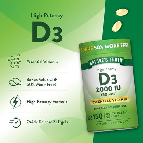 Nature's Truth Vitamin D3 2000 IU Softgels for Adults 150 Count High Potency NonGMO and Gluten Free Supplement High Potency NonGMO and Gluten Free Supplement