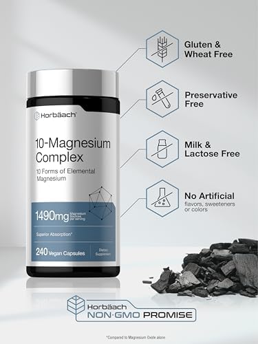 Horbaach Magnesium Complex 1490 mg 240 Capsules 10 Forms of Elemental Magnesium Vegan NonGMO Gluten Free