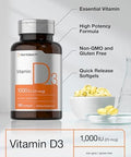 Horbaach Vitamin D3 1000IU (25mcg) Softgels 180 Count High Potency Formula NonGMO and Gluten Free Supplement
