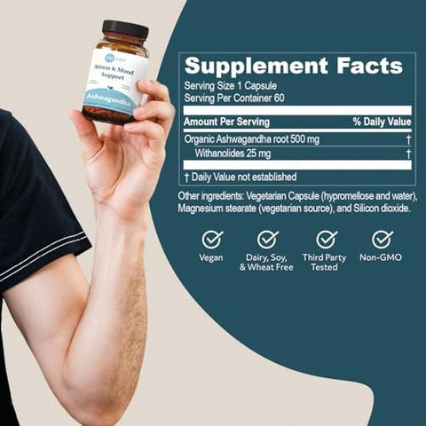 R-U Ved Ashwagandha Capsules - Organic Ashwagandha Root Extract Supplement For Men & Women 500Mg Per Pill For Adrenal Health And Overall Wellness - 60 Vegetarian Caplets (1 Count)