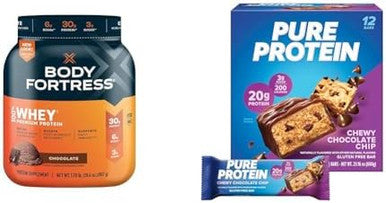 Body Fortress 100% Whey Protein Powder Chocolate 1.78Lbs & Pure Protein Bars Chocolate Chip 1.76Oz (12 Count)