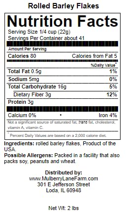 Rolled Barley Flakes 2 Pounds Non-GMO Bulk, Product of USA, Mulberry Lane Farms