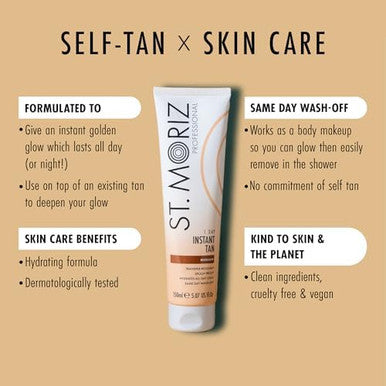 St. Moriz Professional Medium Instant Tan 1 Day Wash Off Fake Tan Lotion with Aloe Vera and Vitamin E Fast-Drying Transfer-Resistant Vegan 150ml