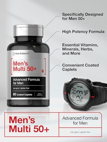 Horbaach Mens Multivitamins 50 Plus 60 Caplets with Calcium Magnesium Vitamin A B C D and E 50+ Advanced Formula NonGMO and Gluten Free Supplement