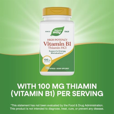 NatureS Way Vitamin B1 High Potency 100 Mg Thiamin Per Serving Thiamin Hcl Supports Energy Metabolism Gluten 100 Capsules (Packaging May Vary)