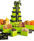NUT CRAVINGS - Purim Mishloach Manot Dried Fruit & Mixed Nuts Gift Basket, Green Tower + Ribbon (12 Assortments) Ramadan Gifts Food Arrangement, Healthy Snack Care Package, Kosher