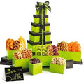 NUT CRAVINGS - Purim Mishloach Manot Dried Fruit & Mixed Nuts Gift Basket, Green Tower + Ribbon (12 Assortments) Ramadan Gifts Food Arrangement, Healthy Snack Care Package, Kosher