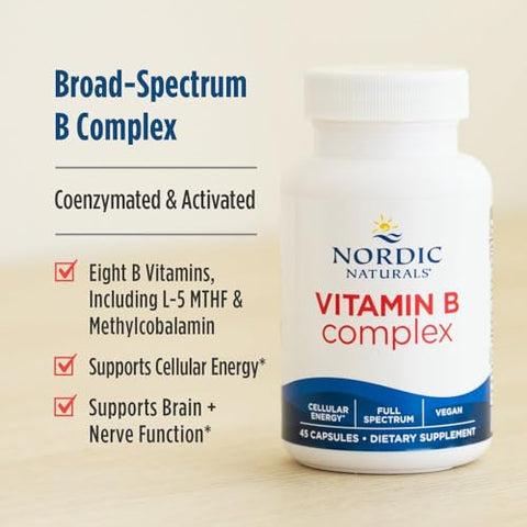 Nordic Naturals Vitamin B Complex - 45 Capsules Thiamine Riboflavin Niacin B6 & B12 Folate Biotin Pantothenic Acid Heart Brain Health Energy Metabolism Non-Gmo Servings