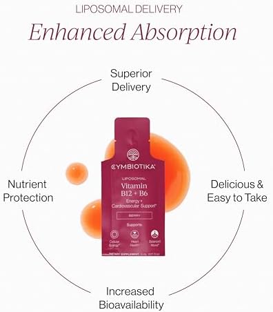 CYMBIOTIKA Liposomal Vitamin B12 + B6 Liquid Supplement Cellular Energy Brain Health Heart Health + Nerve Function Support Enhanced Absorption Gluten Free Soy Free PlantBased 28 5 mL Packets