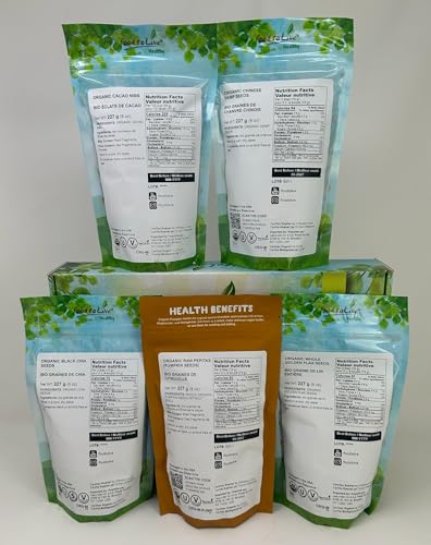 Food to Live Organic Superfoods in a Gift Box - A Variety Pack of Pumpkin Seeds, Hemp Seeds, Chia Seeds, Golden Flax Seeds, and Cacao Nibs
