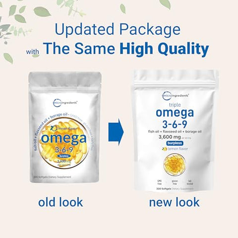 Micro Ingredients Ultra Omega 3-6-9 3600Mg Per Serving 300 Burpless Softgels Lemon Flavor Blend Of Fish Flaxseed Borage Oils Bioavailable Source Non-Gmo No Gluten Mercury Free