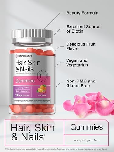 Horbaach Hair Skin and Nails Gummies 100 Count with Biotin Fruit Flavored Vitamins NonGMO Gluten Free Supplement