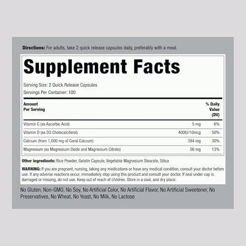 Piping Rock Coral Calcium 1000 mg 200 Capsules Bone Formula Complex With Vitamin D C and Magnesium NonGMO Gluten Free Supplement