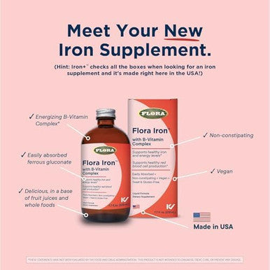 Flora Iron Vegan Liquid Iron Supplement With B Vitamins Red Blood Cell & Energy Support Yeast & Gluten Delicious Fruit Juice Base 15 Fl. Oz. Glass Bottle