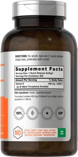 Horbaach Vitamin E 1000 IU Softgel Capsules 200 Count NonGMO Gluten Free Preservative Free Vitamin E Oil