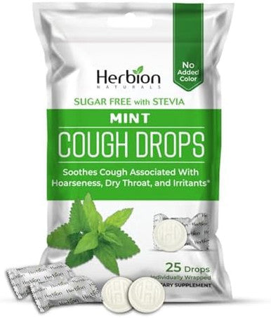 Herbion Naturals Cough Drops Sugar With Stevia Dietary Supplement Soothes Cough For Adults & Children Over 6 Years 25 Drops (125 Count (Pack Of 5) Mint)