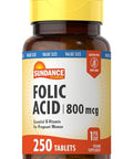 Sundance Folic Acid 800 mcg 250 Vegetarian Tablets Essential BVitamin Vegetarian NonGMO and Gluten Free Supplement