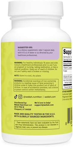 Wellah Iron Supplement For Women (65Mg) 180 Capsules With Vitamin C Vitamin B12 and Folate