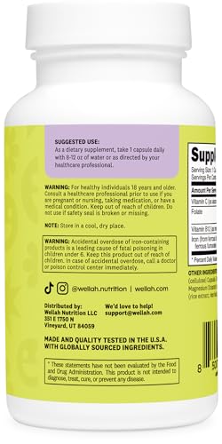 Wellah Iron Supplement For Women (65Mg) 180 Capsules - With Vitamin C Vitamin B12 & Folate