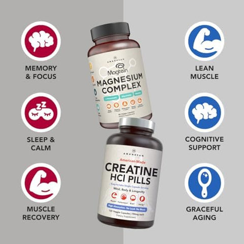 AMANDEAN Magnesium Complex and Premium Creatine HCl Bundle. Branded and Studied. USAMade CONCRET. HighAbsorption Magnesium Threonate Glycinate and Malate. Lean Muscle. Energy. Cognition Memory and Sleep