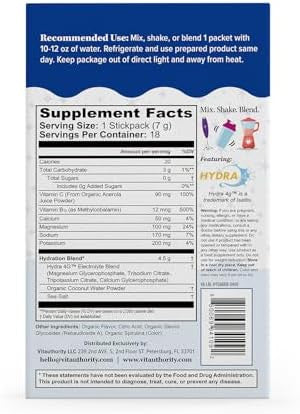 Vitauthority Hydration Electrolyte Powder Packets Blend Magnesium Calcium Sodium Potassium Coconut Water + Vitamin C & B12 Sugar-, Vegan, Non-Gmo, Energy & Immune Support, 18 Servings Blue Raspberry Flavor