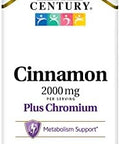21St Century 2000 Mg Cinnamon Plus Chromium Vegetarian Capsules (120 Count) Cinnamon Supplements Supports Sugar & Carbohydrate Metabolism Gluten Nongmo No Added Yeast Or Artificial Flavors