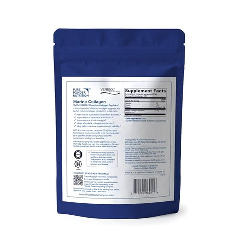 Pure Powder Nutrition Skin Collagen With Marine Verisol Collagen Peptides For Skin Hair & Nails 100 Serves (No Flavor) Powder