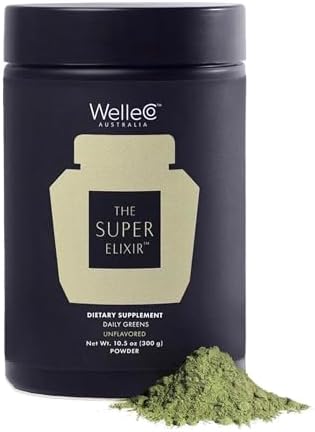 Welleco The Super Elixir Daily Greens Powder Probiotic Drink Mix With Whole Foods Gluten Vegan Gut Health Powder Energy Immunity Healthy Skin Hair & Nails (Jar Blood Orange)