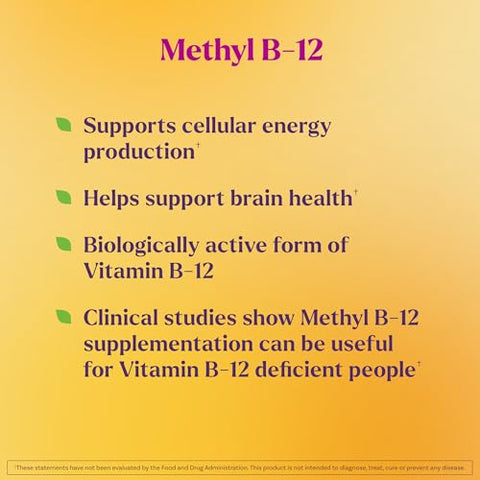 Natrol Methyl Vitamin B-12 1000 Mcg 60 Chewable Tablets Lemon Flavored Bioactive B12 Vitamin Supports Cellular Energy Production Brain Health & Metabolism 60 Servings