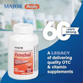 Major Ferosul - Ferrous Sulfate 325Mg Tablets With 65Mg Of Elemental Iron - Iron Supplement For Women, Men - Red - 100 Tablets - Pack Of 1